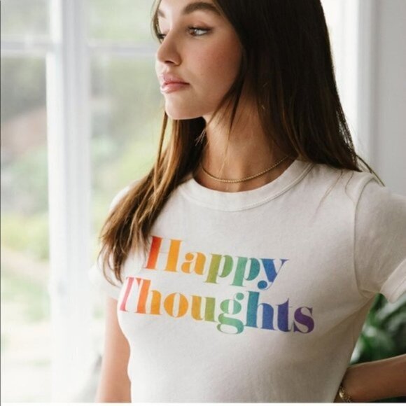 New Chaser Happy Thoughts Graphic Crewneck Short Sleeve Tee/T-Shirt NWT Medium - Picture 1 of 9